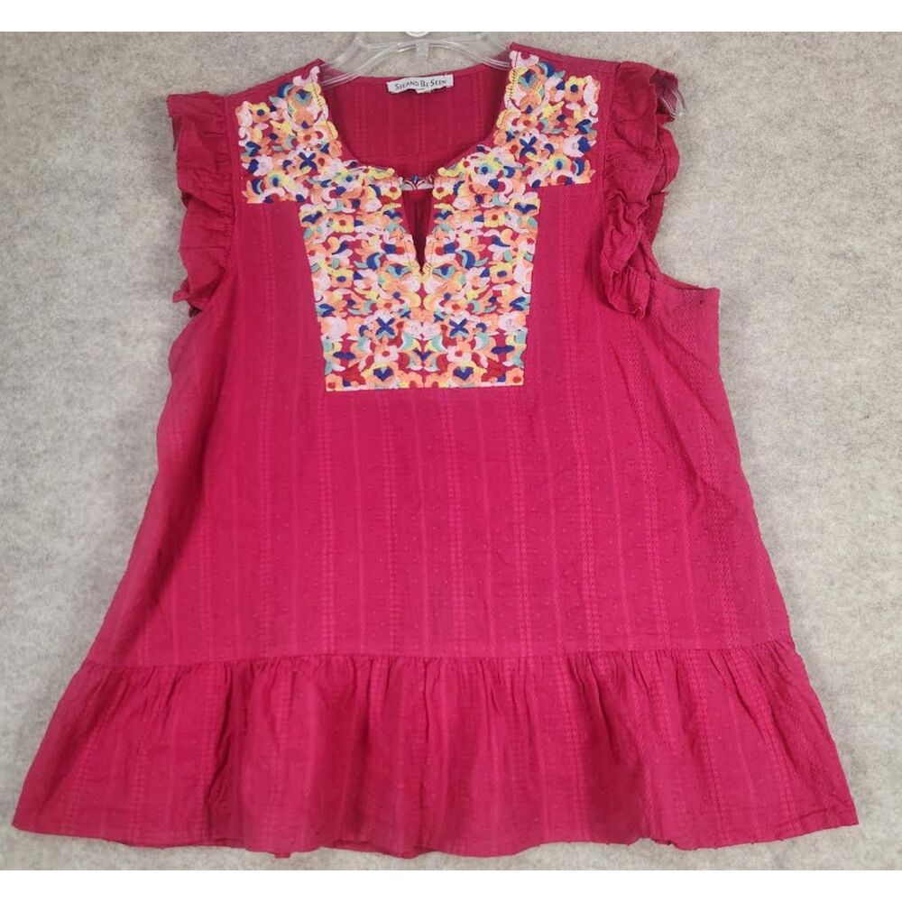 See And Be Seen Women's Pink Top Small l Embroidered Floral Peasant Boho Blouse